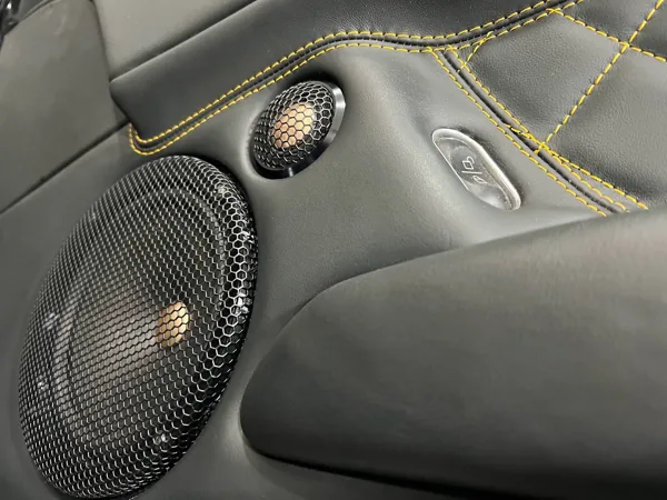 Custom car audio door panel with integrated speakers and yellow stitched trim.